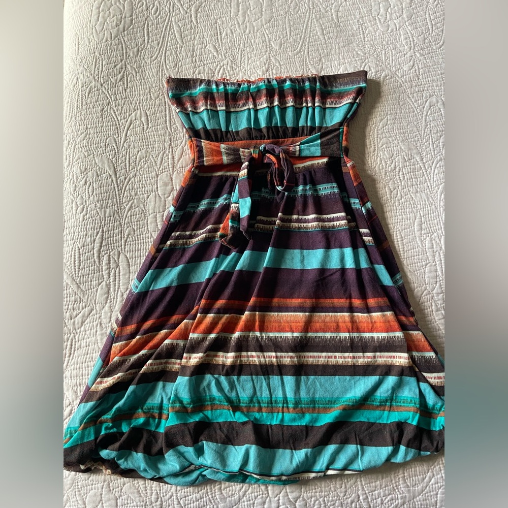 American Rag Strapless Stripe Dress in Teal, Orange, and Plum - Picture 4 of 5